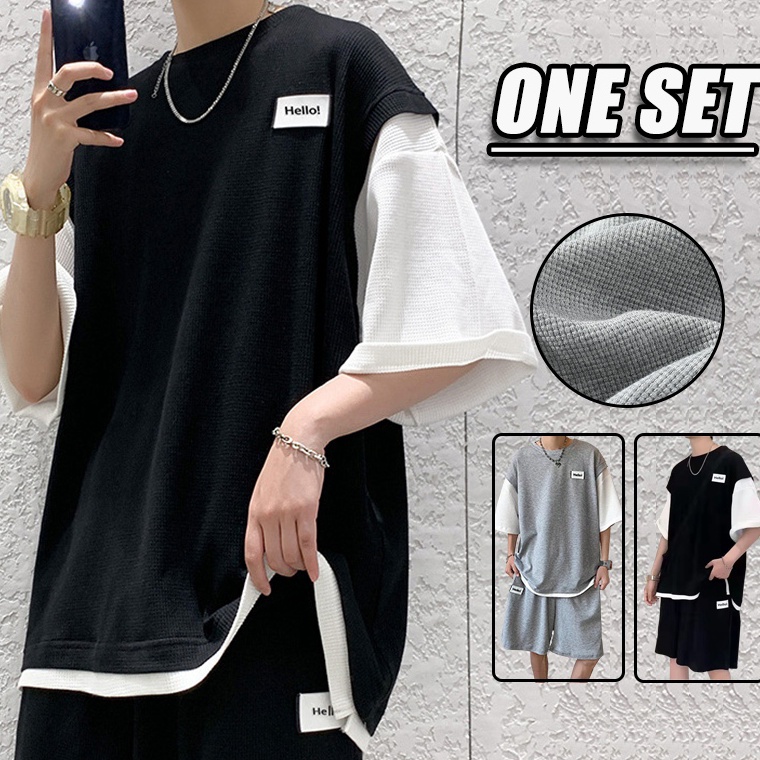 KODE F84K One set pria baju cowok korean style outfit pria 1 set lengkap keren baju olahraga pria se