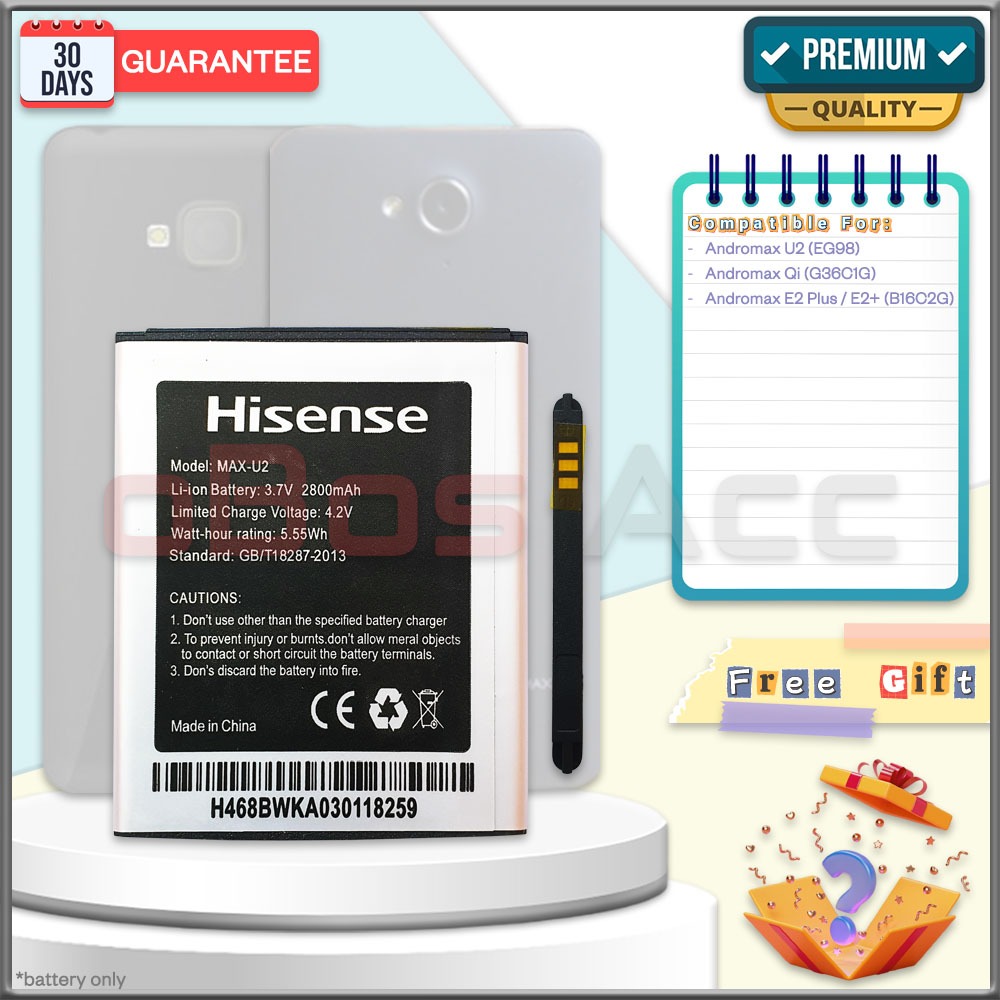 Baterai SMARTFREN ANDROMAX U2 EG98 / Qi G36C1G / E2 PLUS E2+ B16C2G Battery Batre Batrai HP