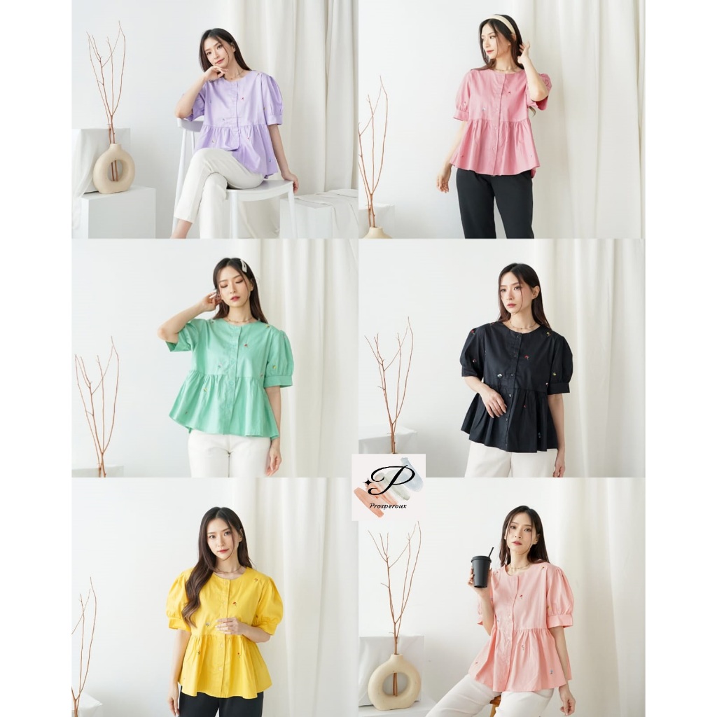 Blouse Atasan Kemeja Wanita Perempuan Korean Style Baby Doll Casual Emboss Warna Warni