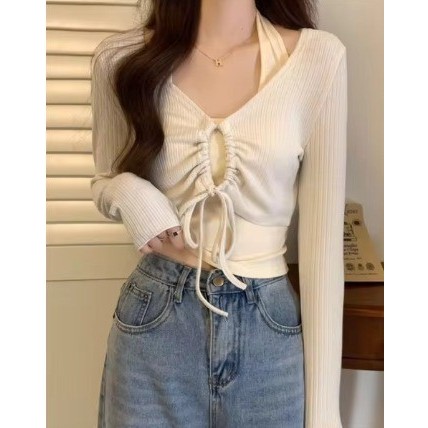 MYSHA - CARDIGAN HAERIN TOP TALI SERUT WAFFLE CROP TOP SERUT / Crop Tali Bulat Serut Lengan Panjang 