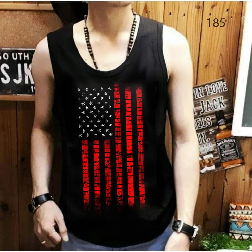 Singlet Pria Hitam Santai Dan Gym Motif Bendera