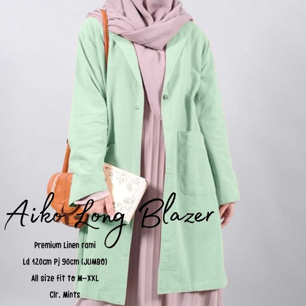 Aiko Long Blazer Atasan Outer Wanita Jumbo Ld 120 Big Size XXL Premium Linen Rami