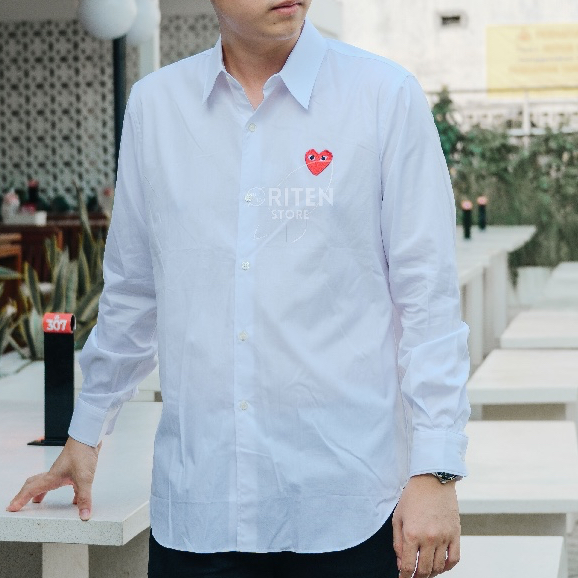 Comme Des Garcons CDG Play Red Emblem Long Sleeve Shirt White Original