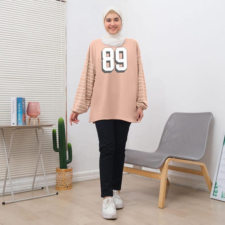Atasan Kaos Wanita Lengan Panjang Karet Salur Bahan Babyterry Angka 89 / Atasan Cewek