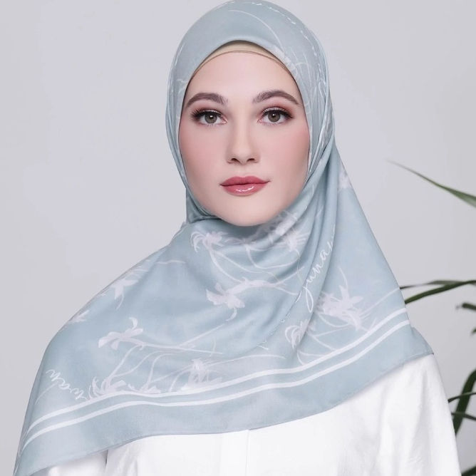 MANDJHA Orchid Tosca Scarf - Hijab Segi Empat Premium Motif Hijau Toska Biru Muda by IVAN GUNAWAN (F