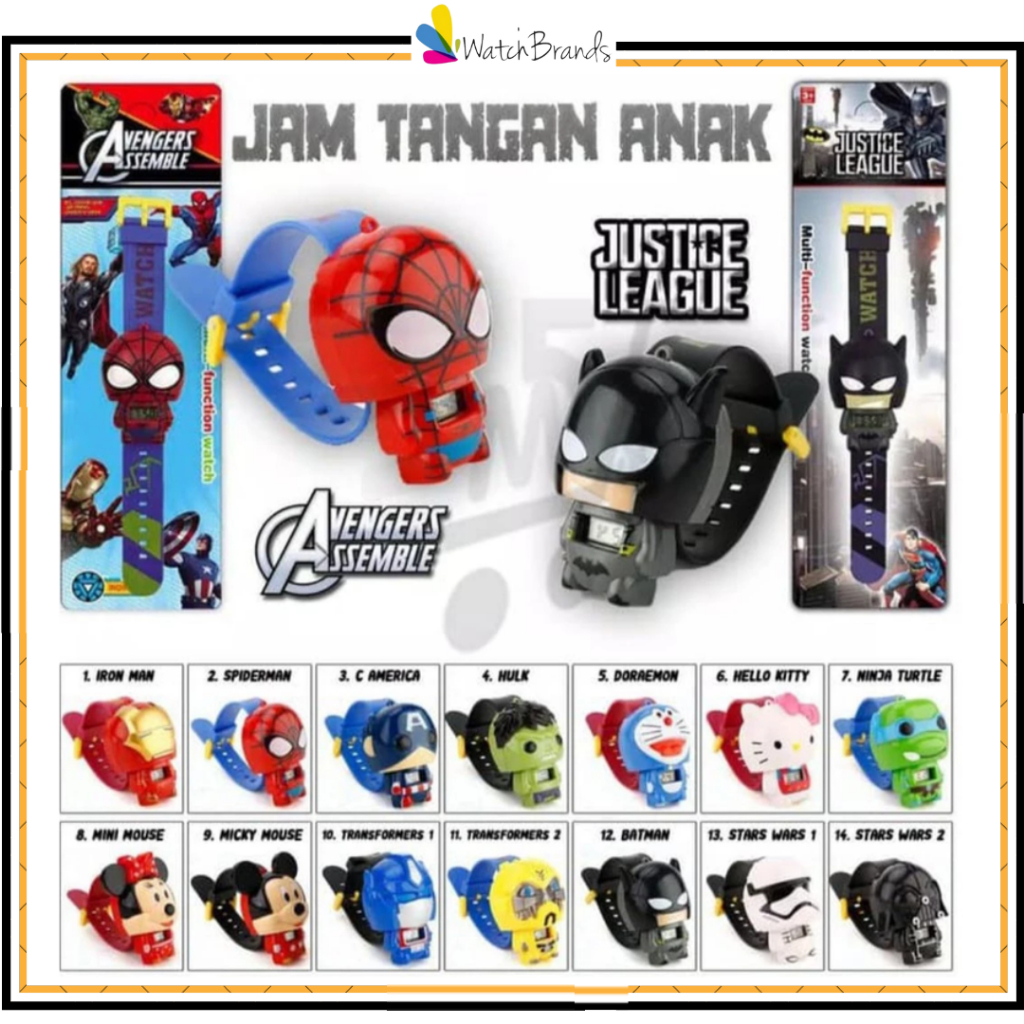 Jam Tangan Anak Digital Karakter Robot Superhero Lucu Tali Karet Model Mainan Unik Warna-Warni