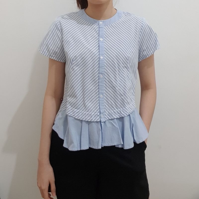 Kemeja Garis Biru Kerah Bulat | Baju Kerja Wanita