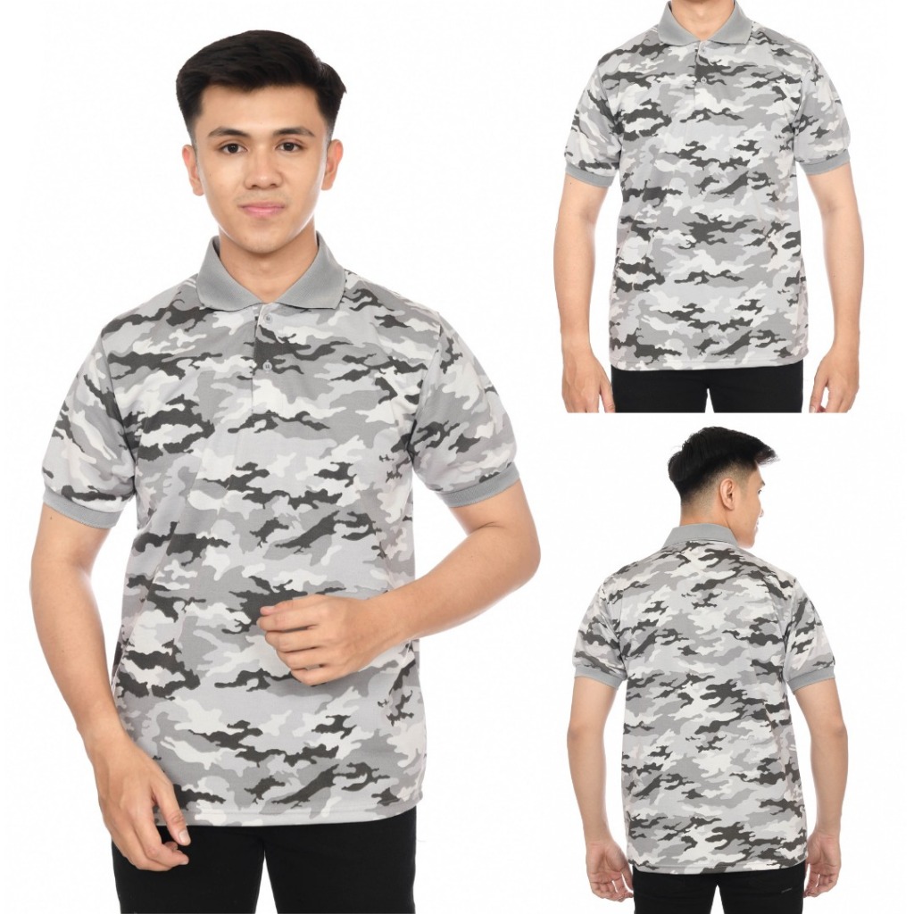 Kaos Polo Pria Motif Loreng Abu-abu Putih / Kaos Polo Camo