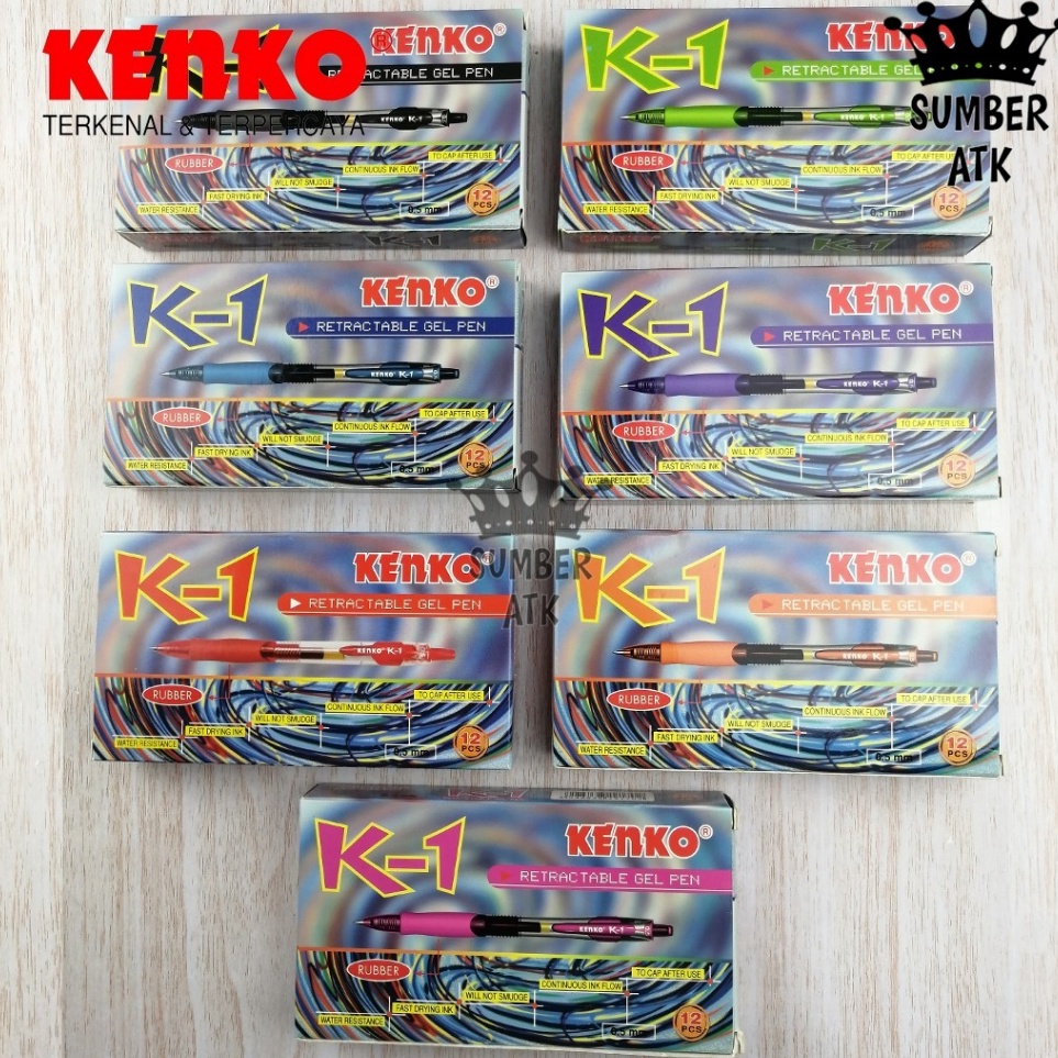 

ART I1Z4 Pena Pulpen KENKO GEL PEN K1 Retractable LUSIN 12 PCS Hitam Biru Merah Pink Hijau ungu orange
