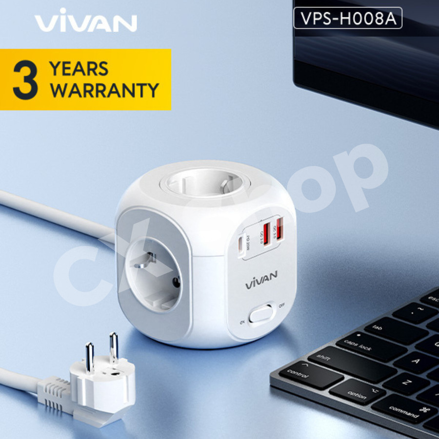 Vivan VPS-H008A/H4140A  Stop Kontak 7in1 Cube Socket 4 Lubang USB A USB C Fast Charging 20W 1.5M