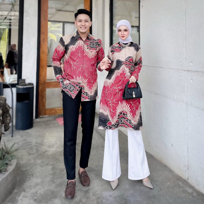 batik pasangan pria dan tunik wanita lengan panjang warna pink fanta/ MAGENTA pakai lapis (furing) |