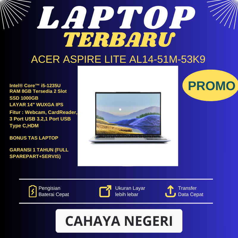 PROMO LAPTOP Acer Aspire Lite AL14-51M-53K9 Intel i5 RAM 8GB SSD 1000GB LAYAR 14" WUXGA IPS + TAS