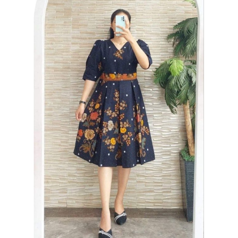 KODE L85W DRESS BATIK PREMIUM PESTA LENGAN BALON DRESS BATIK TERBARU LENGAN PENDEK BALON DRESS BATIK