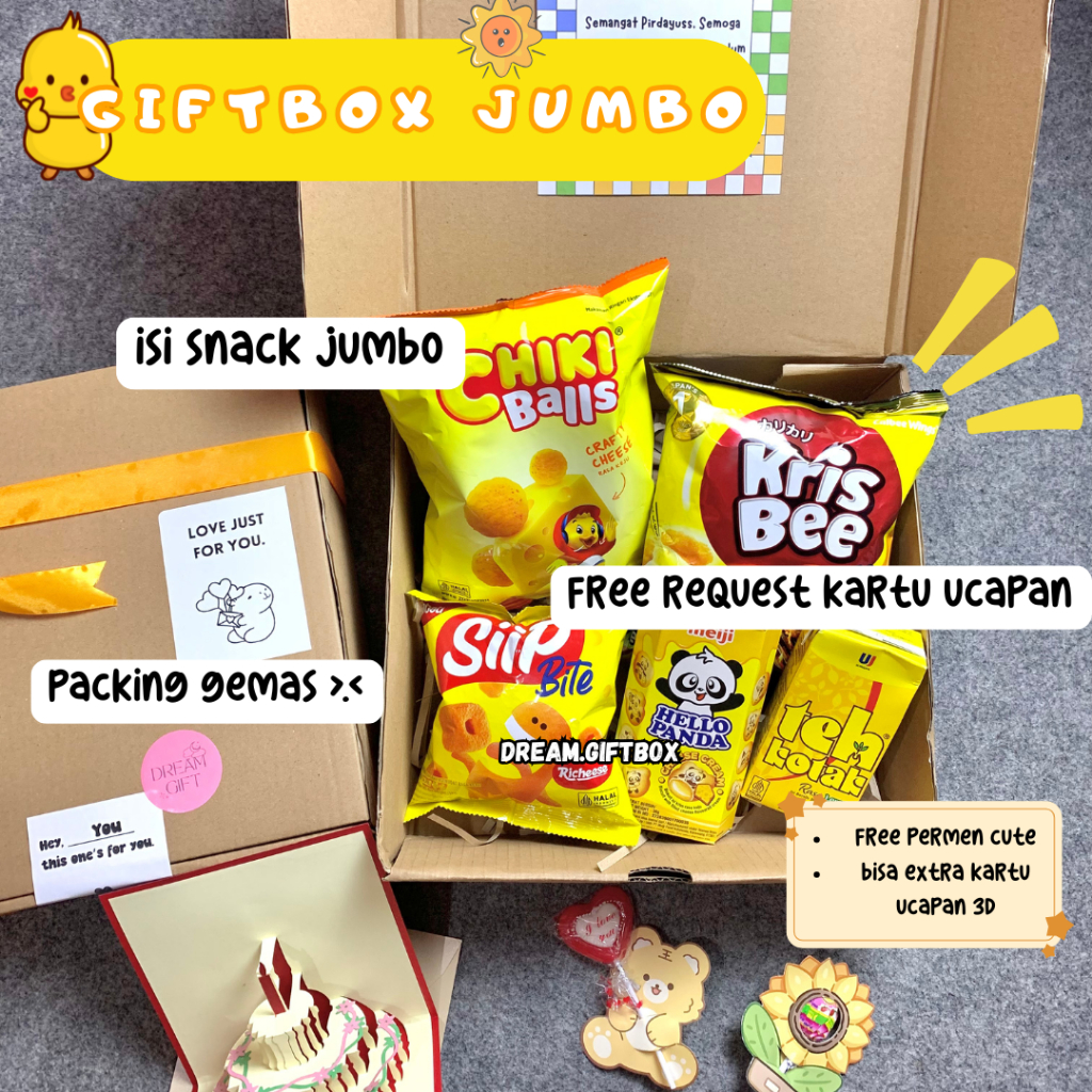 

Gift Box Jumbo Hampers Snack Jumbo Kado Ulang Tahun Cewe Kartu Ucapan 3D Hadiah Anniversary Dreamgif