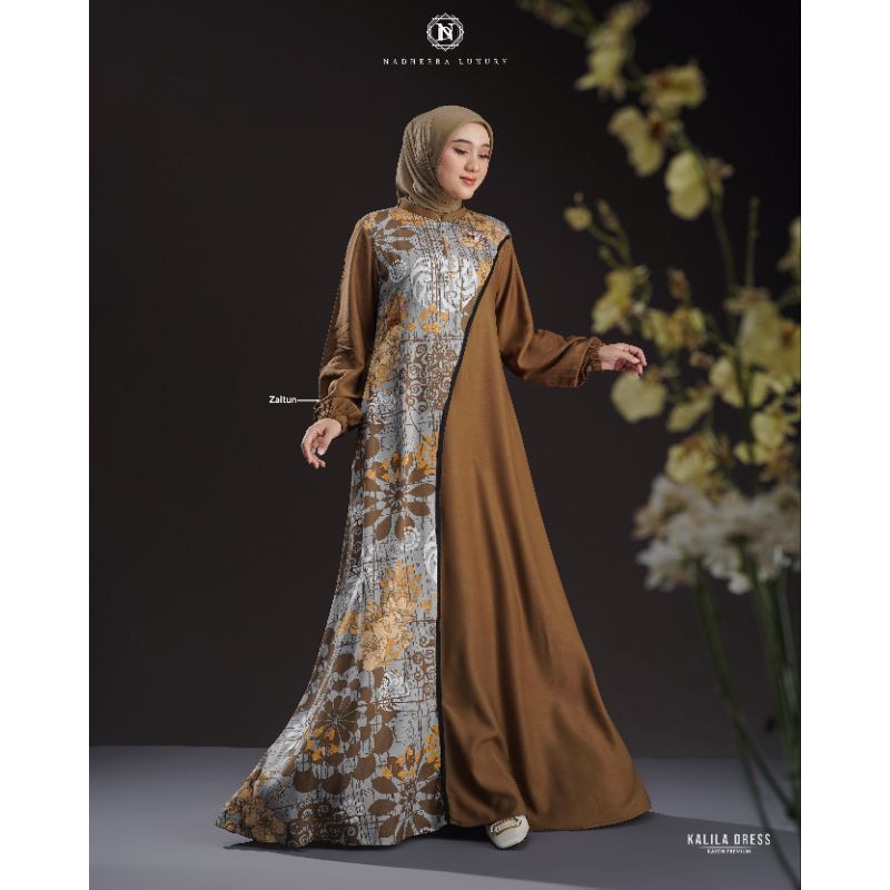 KALILA DRESS • NADHEERA LUXURY / Gamis Dress Polos Kombinasi Motif Bunga Adem Rayon Premium Busui Te