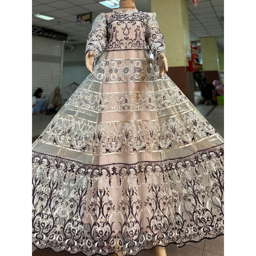 HAVANAH Gamis pesta kondangan bahan tille motif bungga Kerah Muslim Panjang Standar