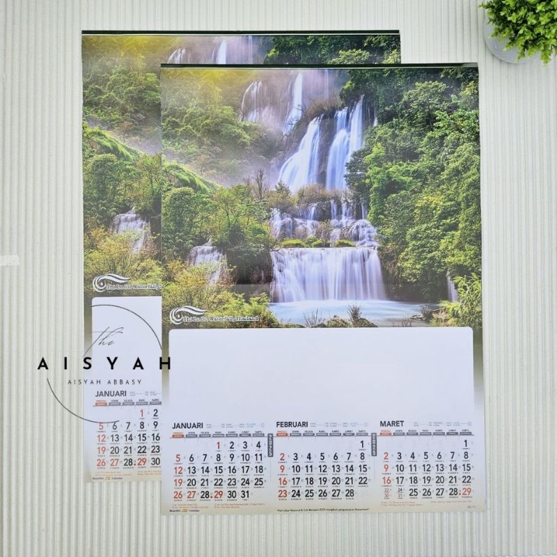 

kalender tahun 2025 gambar air terjun Ao 111 ukuran 38x54 cm 4 lembar x 3 bulan(terima castume cetak merek)