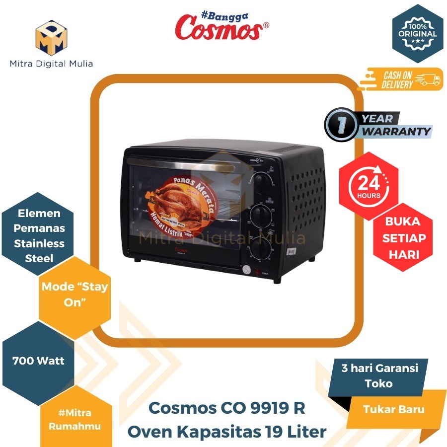 Cosmos CO9919R Oven Listrik 19 Liter BBQ Rotisserie Elemen Pemanas Stainless Steel Low Watt Series E