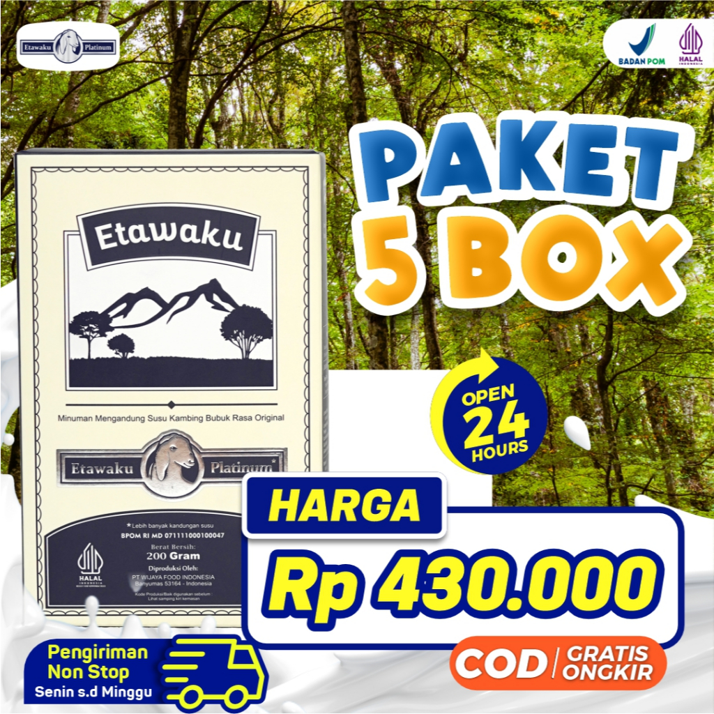 

Etawaku Platinum Paket 5 Susu Kambing Etawa Kualitas Premium - Bergizi Tinggi Kalsium & Rendah Lemak Tingkatkan Imunitas Kekebalan Tubuh Optimalkan Kepadatan Tulang Atasi Masalah Pernapasan Pernafasan Asma Bronkhitis Bronkitis Radang Tenggorokan