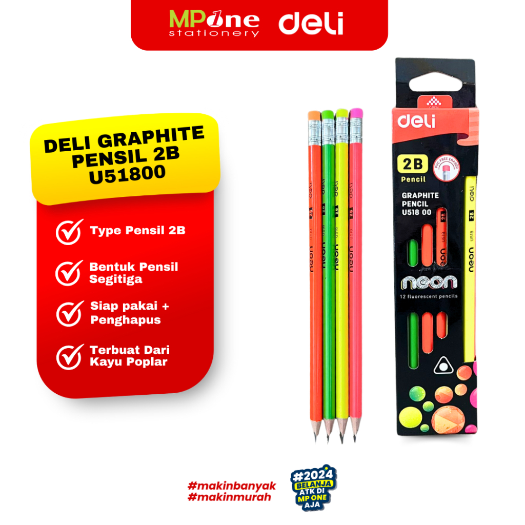 

(1 KOTAK) Deli Pensil 2B Graphite U51800 / Pensil Siap Pakai 2B + Penghapus Isi 12 Pcs DELI