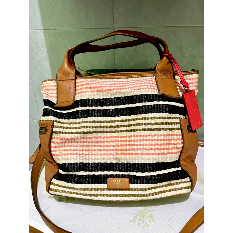 Preloved Fossil Emerson Fabric Satchel Large Pink Stripe