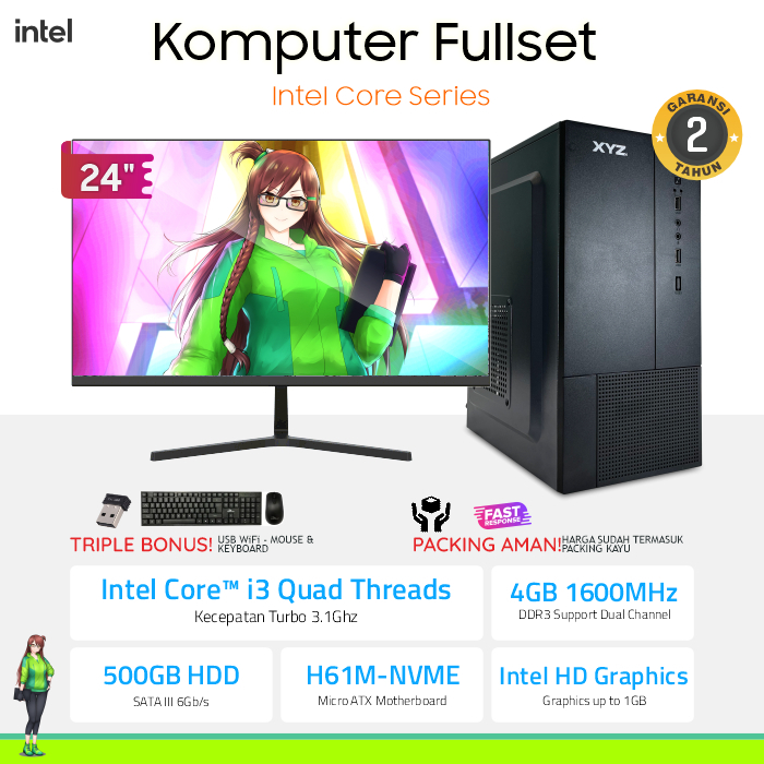 Komputer Fullset Core i3 RAM 4GB DDR3 Hardisk 500GB Monitor LED HDMI