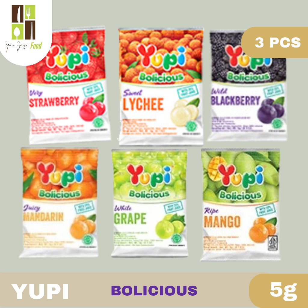 

Yupi Bolicious / Jeli Lunak / Permen Sari Buah / Kenyal / Leci / Strawberry / Blackberry / Orange / Mangga [3 PCS]