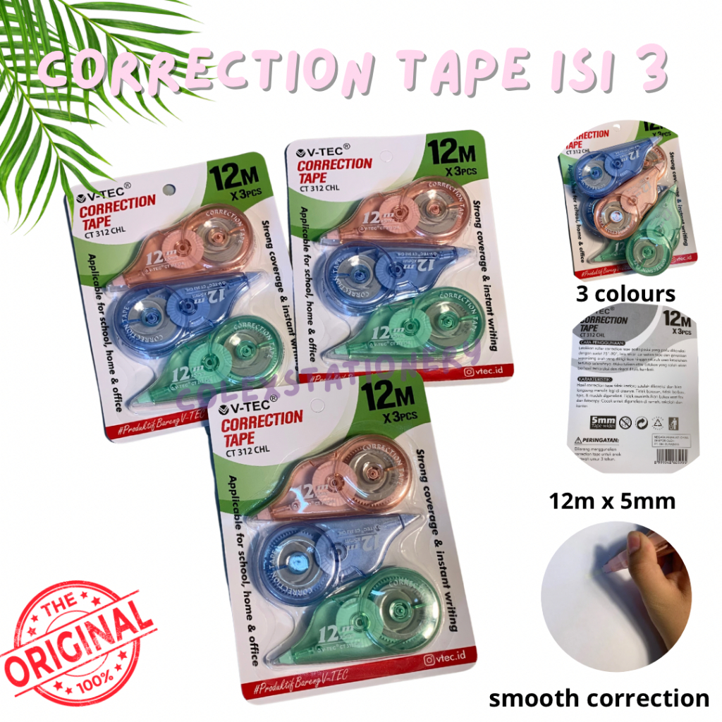 

Correction Tarik Paket 12M / Tip-Ex Kertas Murah Smooth Correction Paket Hemat Isi 3 Warna Warni Vtec
