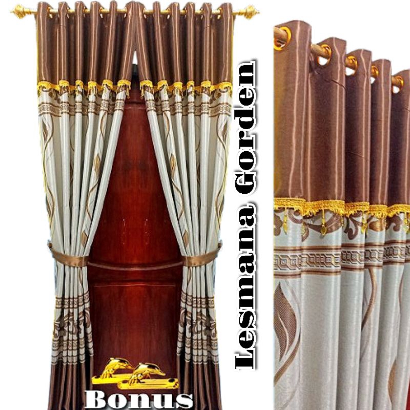Gorden jendela pintu kamar bahan blackout impor tebal model poni tempel coklat