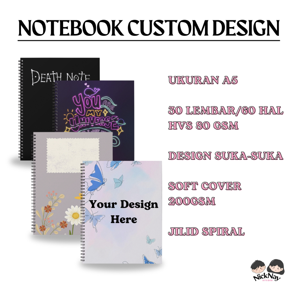 

NOTEBOOK CUSTOM | NOTEBOOK A5 CUSTOM | NOTEBOOK A5 | 30 LEMBAR | 60 HALAMAN | JILID SPIRAL | CETAK NOTEBOOK A5 | SOUVENIR NOTEBOOK | CUSTOM DESAIN | DOT | GRID | RULED | PLAIN | 80GSM
