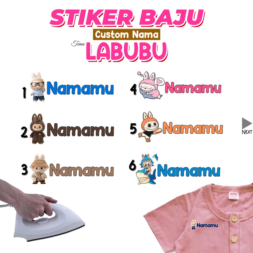 

Stiker Baju Custom Nama Tema LABUBU 54pcs Setiker Label Kain Kaos Sablon Setrika