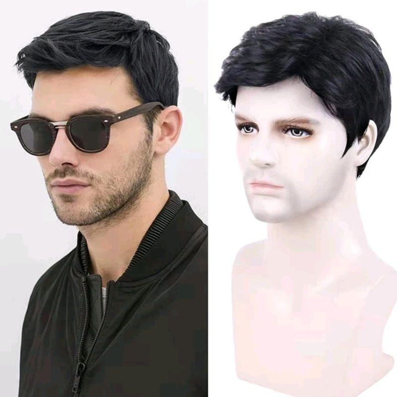 Wig Pria Rambut Pendek Belah Samping Warna Hitam Wig Untuk Pria Kantoran