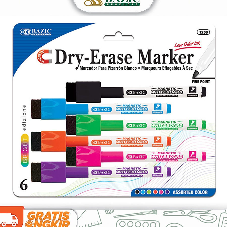 

FG2 Bazic Brht Color Magnetic DryErase Markers 6Pack Spidol Papan Tulis Include Penghapus