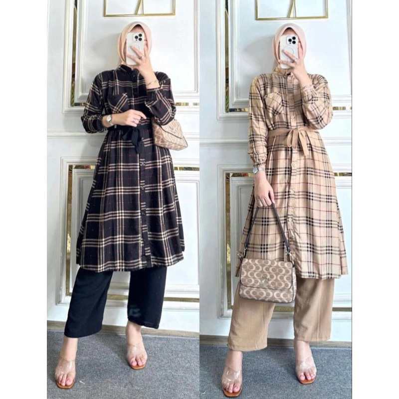 Setelan tunik wanita garis kotak terbaru // Ratri Set Long Tunik Motif Kotak
