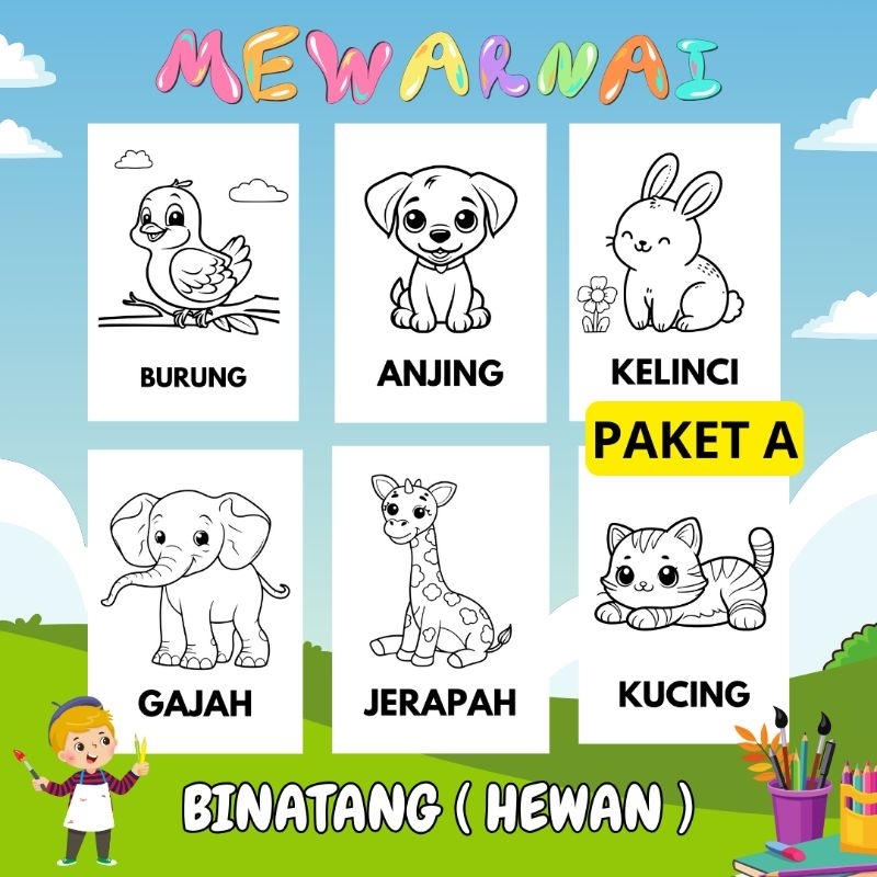 KERTAS MEWARNAI / KERTAS GAMBAR / GAMBAR HEWAN / KERTAS MEWARNAI ANAK PAUD, TK, SD / A4