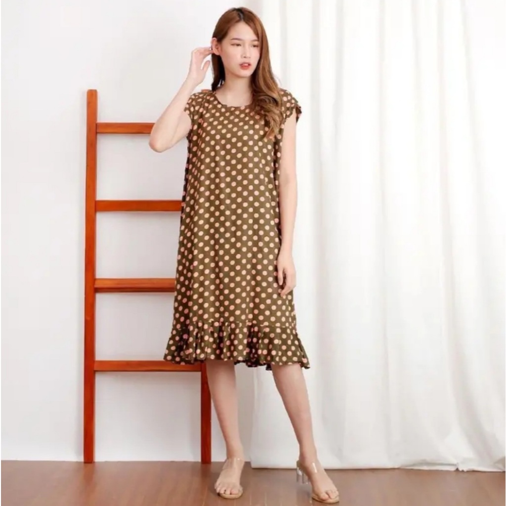 CUCI GUDANG MIDI DRESS RUFFLE LENGAN PENDEK MOTIF MENARIK PAKAIAN NYAMAN WANITA
