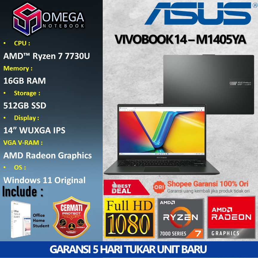 ASUS VIVOBOOK 14 M1405YA Ryzen 7 7730U 16GB 1TB 14.0 WUXGA IPS Windows 11 + Office