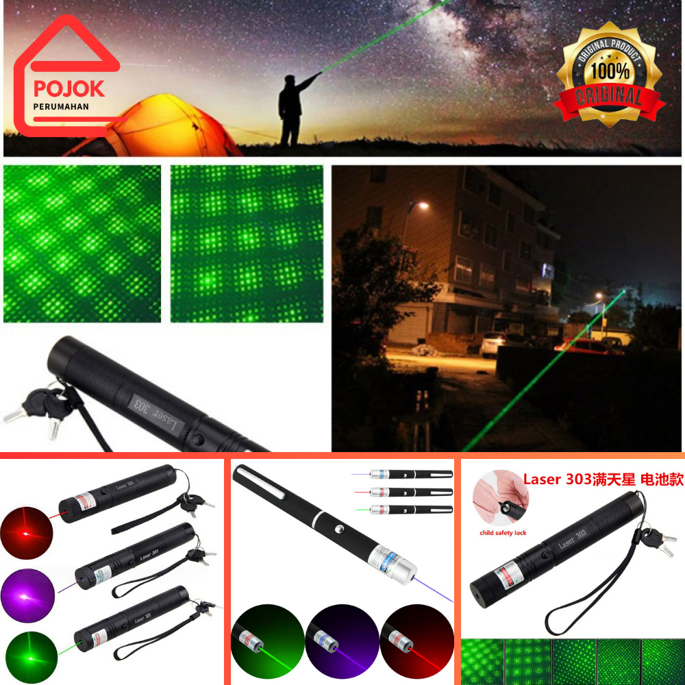 Senter Laser 301 / Laser Hijau Merah Ungu / Laser Mainan Kucing / Laser Pointer Set Baterai Jarak Ja