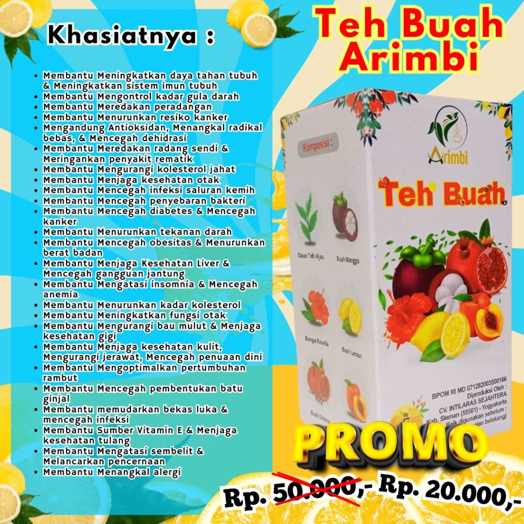 

Teh Buah Arimbi, Teh Arimbi, Teh Buah,Teh Buah Untuk Membantu Mencegah dehidrasi,Teh Buah Untuk Membantu Mencegah infeksi saluran kemih,Teh Buah Untuk Membantu Meningkatkan energi tubuh,