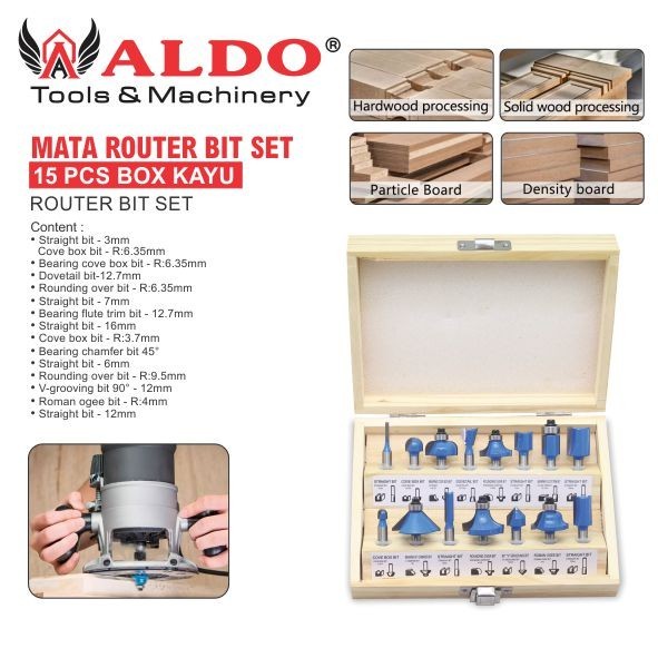 MATA ROUTER BIT SET 15 PCS BOX KAYU / ROUTER BIT SET / MATA PROFIL SET MERK ALDO