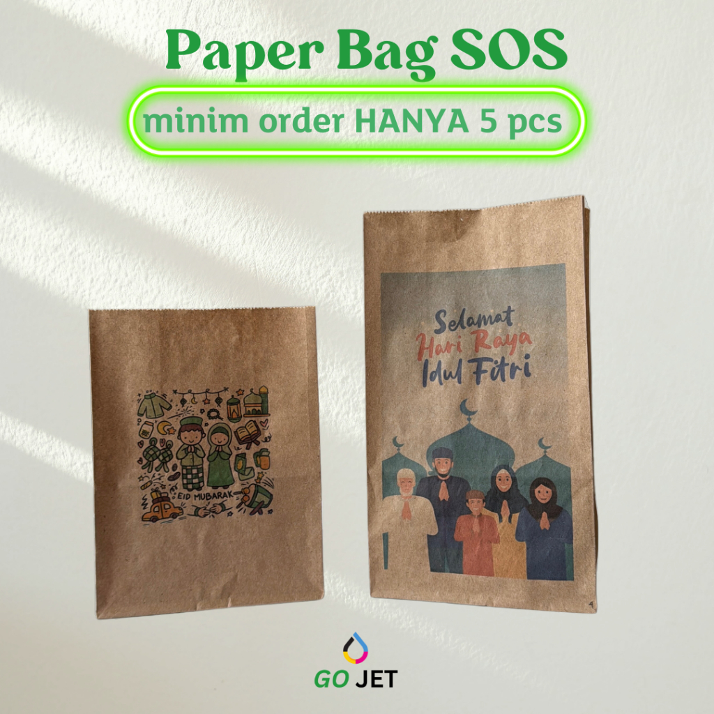 

Cetak Paper Bag Kantong SOS Kraft Coklat Custom Full Color Warna Print