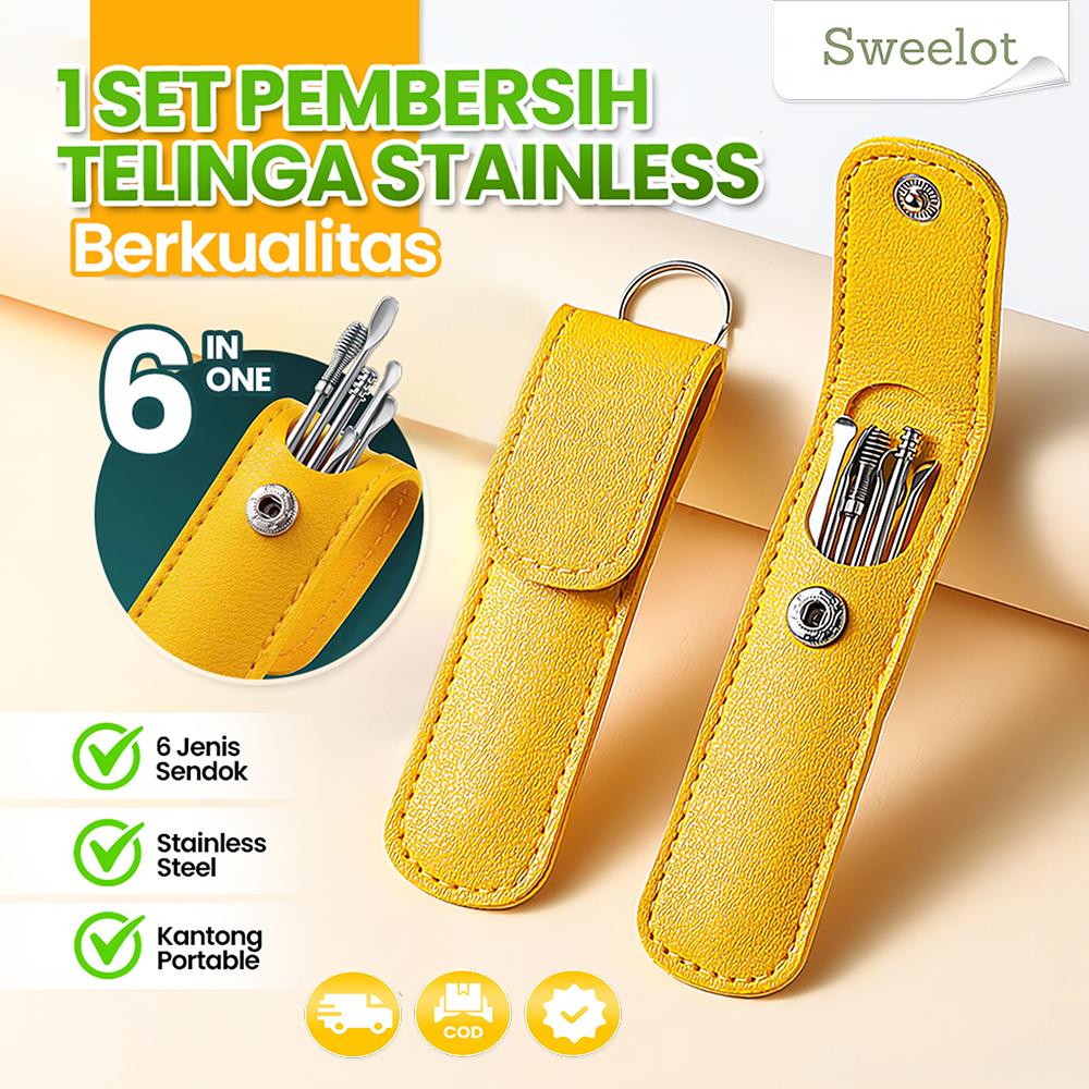 <Set sendok telinga 6 buah>Alat penggali telinga dewasa, sendok telinga spiral pegas, set alat pembe