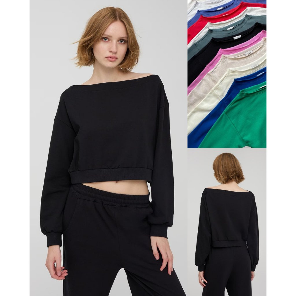 Sweater Crop Wanita | Oversized Boat-Neck Cropped Sweatshirt - ZNA-5904