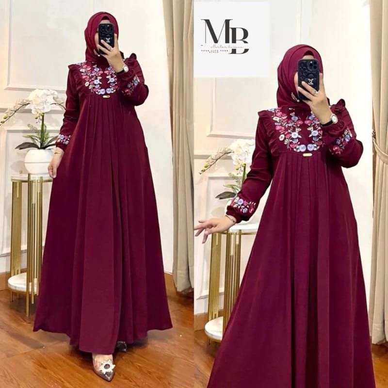 GAMIS AZIZAH BORDIR MOTIF BUNGA TIMBUL BAHAN CRINKLE BUSUI