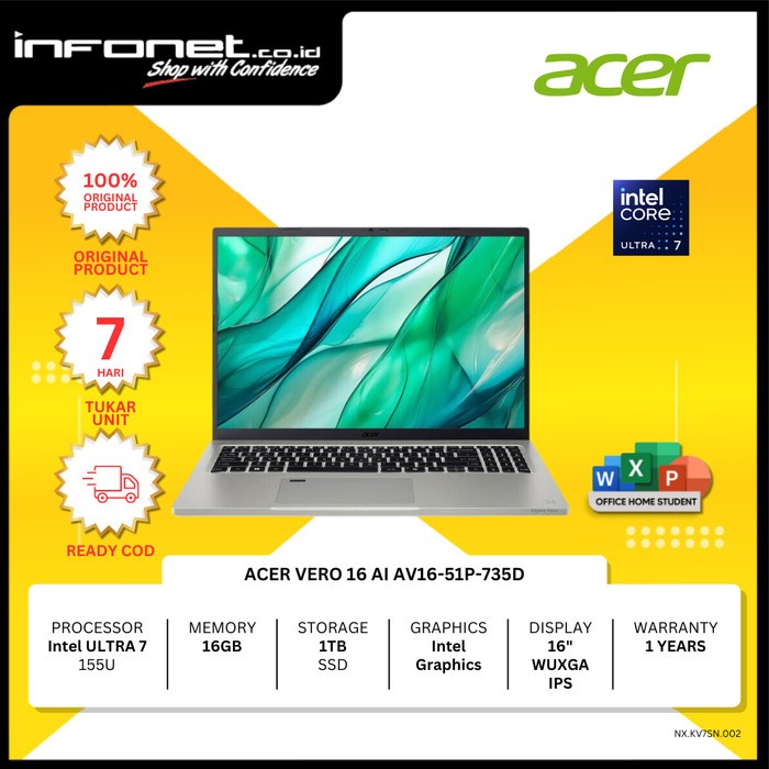 ACER VERO 16 AI AV16-51P-735D ULTRA 7 155U 16GB 1TB 16" WUXGA IPS 100% sRGB W11 OHS21