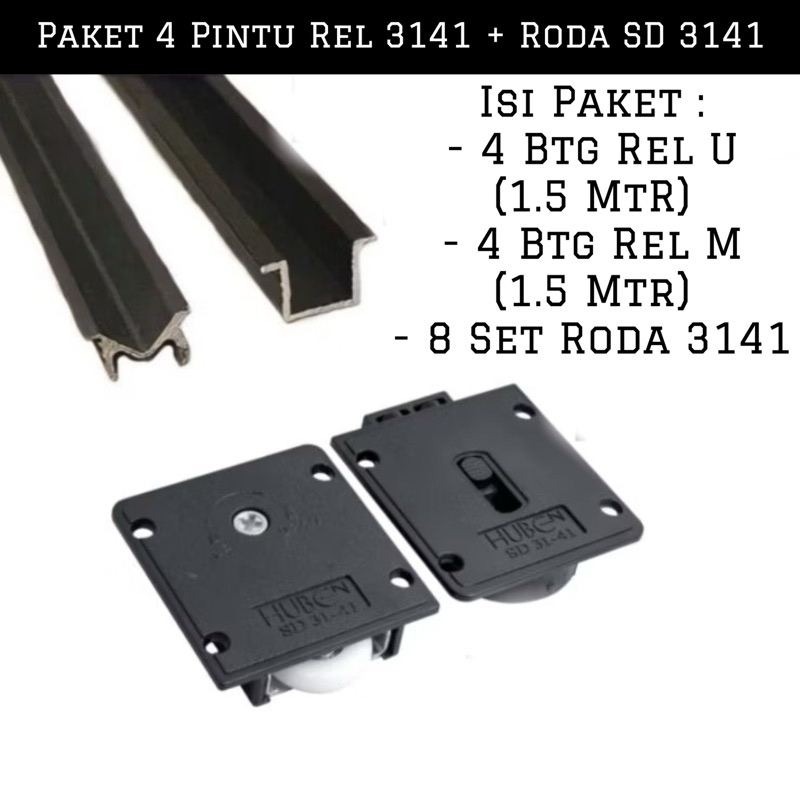 (4 Pintu + 1.5 Meter) Paket 4 Rel U M 3141 + 8 Set Roda 3141 | Pintu Lemari Sliding