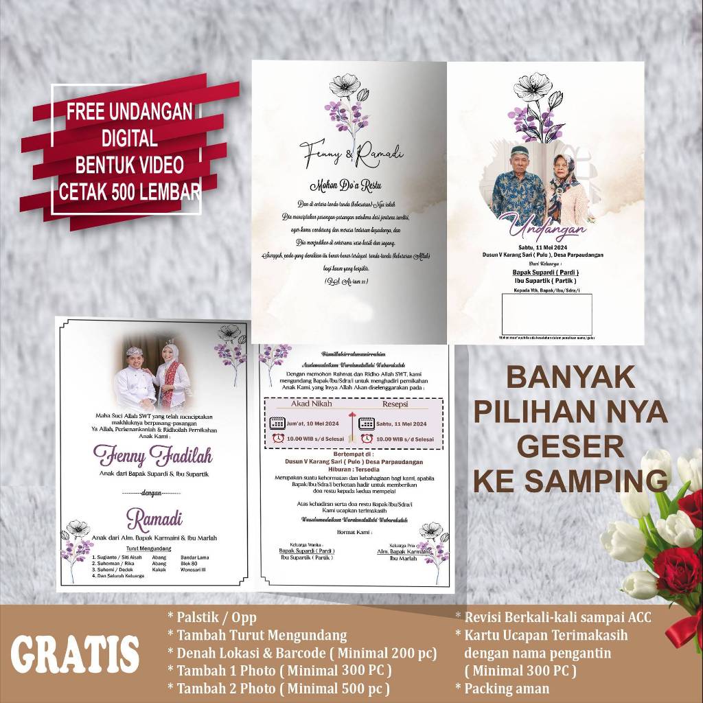 Undangan Pernikahan Orang Tua  Kertas BC 150 gr  Undangan Pernikahan Foto Code Vania 12