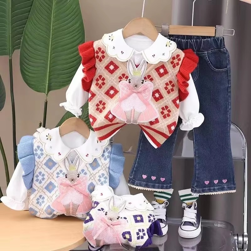 Setelan Jeans Import Premium Anak Perempuan Usia 1-4 Tahun | Baju Kemeja Krah Rempel Bunga | Rompi V