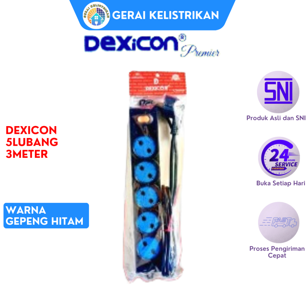 DEXICON 5LB 3M WARNA GEPENG HITAM - STOP KONTAK 5LUBANG+KABEL 3METER