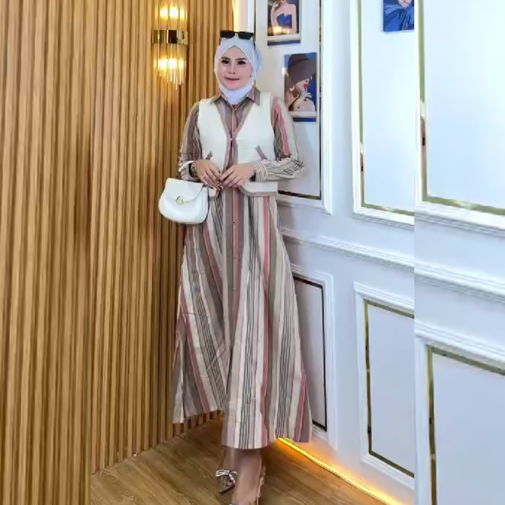 Dress Mewah Model Terbaru Gamis Rompi Alia 6030 dan Cardigan Pisah Fashion Muslim Wanita Motif Garis